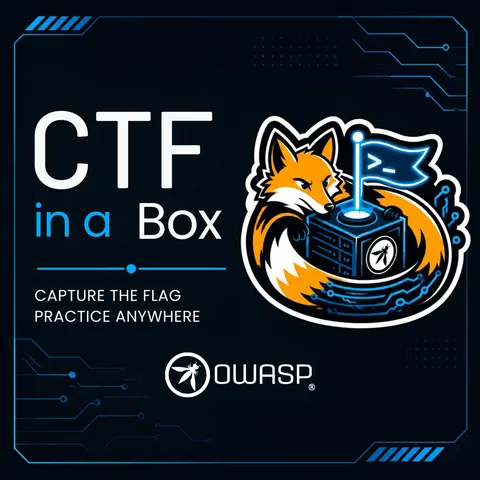 The OWASP CTF in a Box logo: a fox curled around a server box with a flag on top, next to the words CTF in a Box, Capture the flag, practice anywhere
